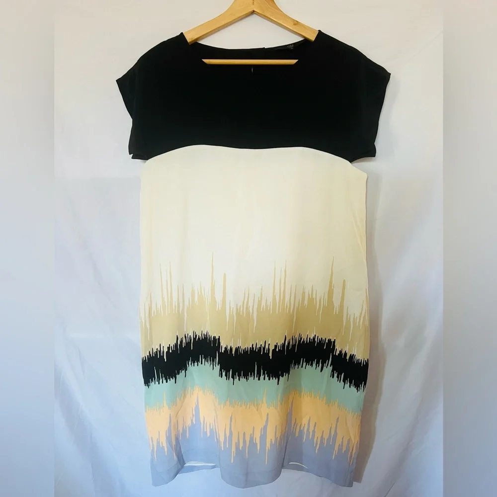 Tibi Silk Shift Dress 10 Black Cream Abstract Print Cap Sleeve Mini - Picture 4 of 6